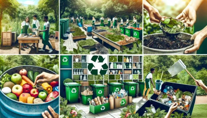 A colourful eco-friendly garden illustrating composting, recycling, and biodegradable waste management practices.
