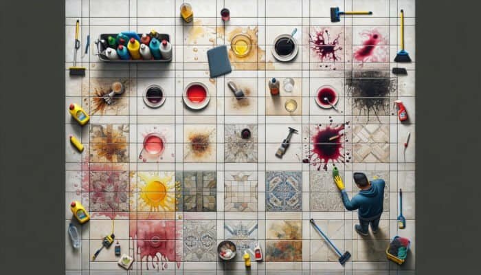 Porcelain tiles stained with wine, coffee, and grease; a person cleaning with various tools and solutions.