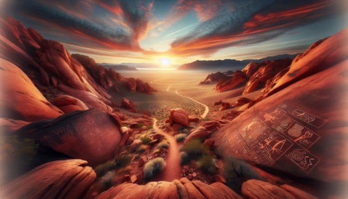 Stunning sunrise view from Atlatl Rock, showcasing vibrant red rocks and ancient petroglyphs against a panoramic desert landscape.