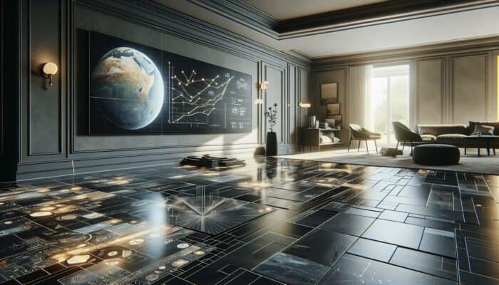 Polished slate flooring installation in a contemporary living room, showcasing the reflective surface and tile laying process.