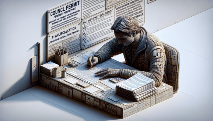 Individual completing a council permit application form at a desk filled with documents and guidelines.