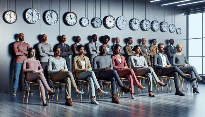 Diverse group waiting in an office with permit applications and clocks displaying different times.