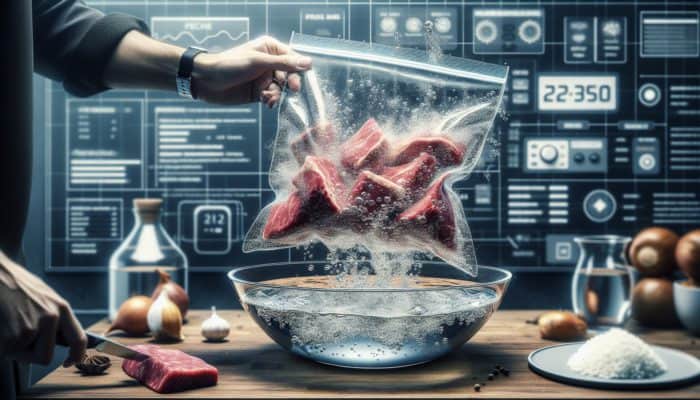 A zip-lock bag containing marinated steak submerged in water, expelling air for sous vide cooking.