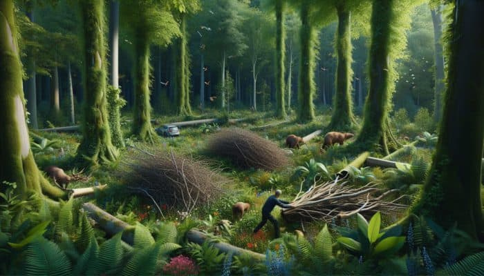 Collecting fallen branches and leaves in a lush forest, promoting sustainability.