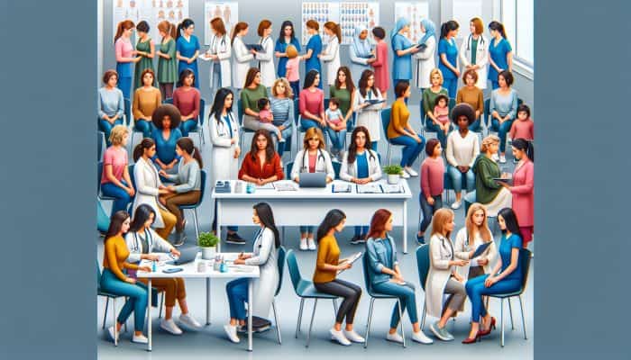 Diverse group of women receiving free healthcare services in Australia, including check-ups and emergency care.