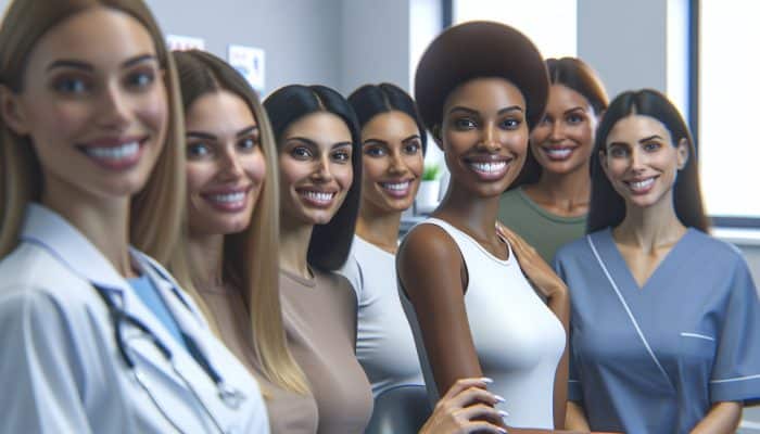 Diverse group of low-income women at a dental clinic in Australia, receiving affordable dental care.