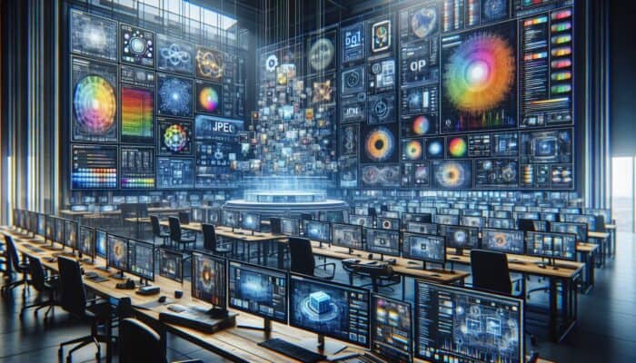 A digital artist's workspace analysing JPEG, PNG, and GIF formats on displays with quality and speed comparisons.