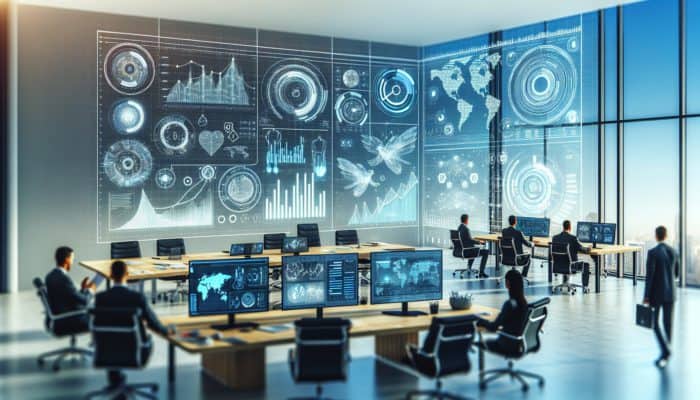 A digital dashboard illustrating sanity metrics and strategic marketing elements in a modern office.