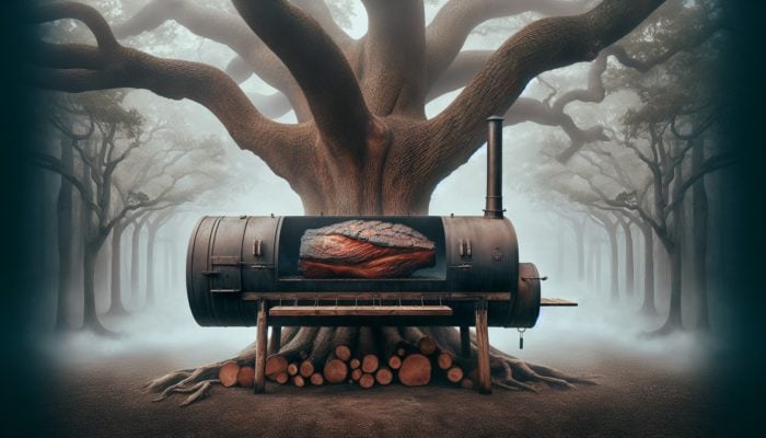 Hickory tree in a misty forest, providing wood for a rustic smoker to create bold brisket.