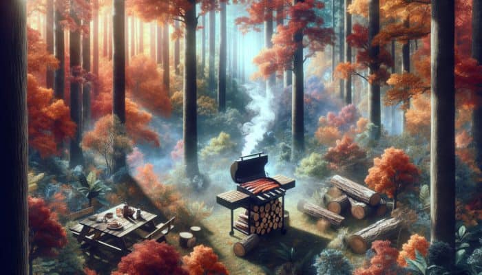 A forest in the Southeastern US showcasing vibrant autumn hickory trees and a rustic barbecue featuring hickory logs.