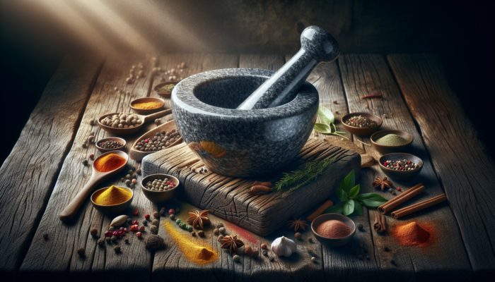 A granite mortar and pestle on a wooden table with spices and herbs, symbolizing durability and kitchen heritage.