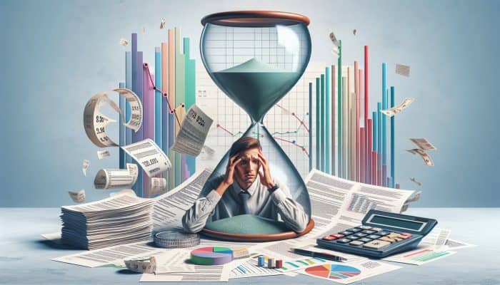 How I Avoided Bankruptcy With Debt Consolidation: UK Strategies | DCL A worried UK resident amidst financial documents, calculator, and an hourglass symbolising extended loan terms and rising interest rates.