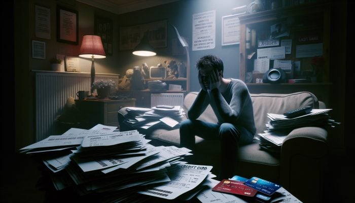 How I Avoided Bankruptcy With Debt Consolidation: UK Strategies | DCL A stressed person amidst bills, overdue notices, and maxed-out credit cards in a cluttered UK living room.