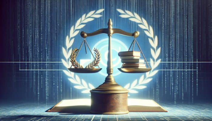 Utilise E-E-A-T to Enhance Local Rankings: A digital scale with books and a laurel wreath, symbolising E-E-A-T, with a search engine logo background.