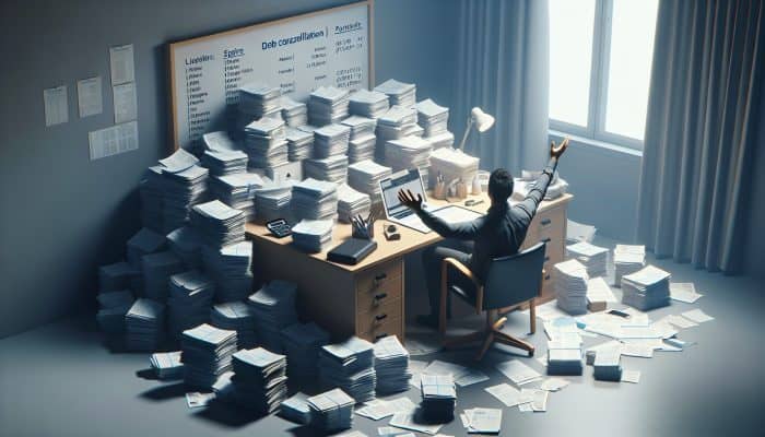 Debt Consolidation Loans With No Fees: A person relieved by a single loan document on a desk, replacing scattered bills, symbolizing debt consolidation.