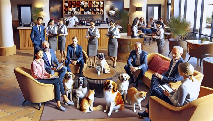 A cozy hotel lobby with pets and staff offering pet-friendly amenities and advice.