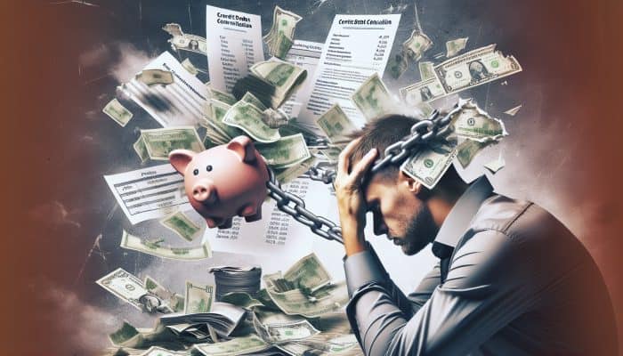Does Debt Consolidation Mean More Debt: UK Insights | DCL Person overwhelmed by new debts post-consolidation, surrounded by financial documents, illustrating the risk of increased debt.