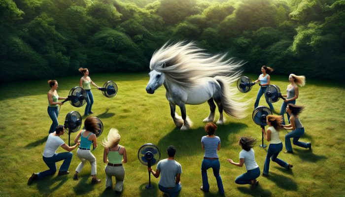 Pony undergoing desensitization training in windy conditions with handlers using fans.