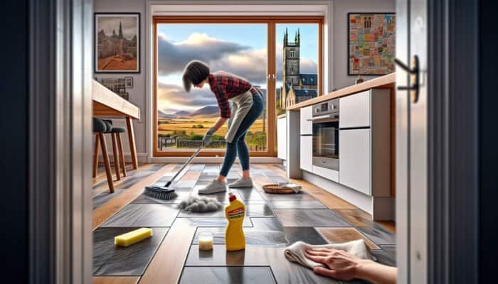 A person cleaning grout haze from kitchen floor tiles in West Dunbartonshire, with Scottish architecture in the background.
