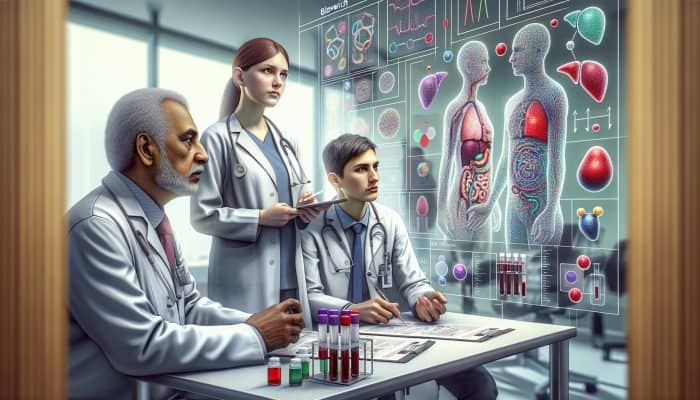 A medical illustration of liver blood testing in a modern Bloxwich clinic, featuring experts and advanced equipment.