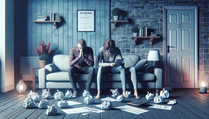 Debt Consolidation and Relationship Stress Relief: UK Solutions | DCL A couple in a UK living room, distanced on a sofa, surrounded by bills, showing stress from debt.
