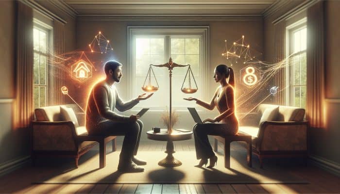 Debt Consolidation and Relationship Stress Relief: UK Solutions | DCL A couple in a cozy UK living room discussing financial strategies calmly with laptops and documents, symbolizing trust and collaboration.