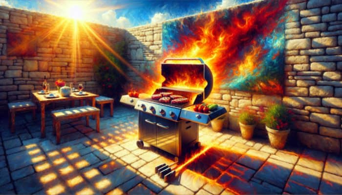 A chef expertly controlling flames on a gas grill, cooking steaks and vegetables on a sunny patio.