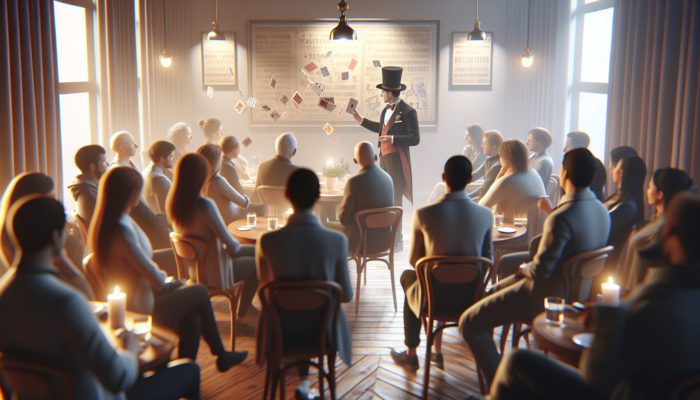 A magician performing a card trick in an intimate early afternoon setting with a small weekday audience.