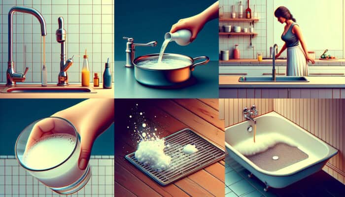 A homeowner performing drain maintenance using boiling water, baking soda, vinegar, and a drain screen.