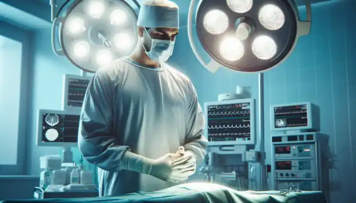 A healthcare professional in Bedford conducting surgery with sterile gloves in a clean operating room.