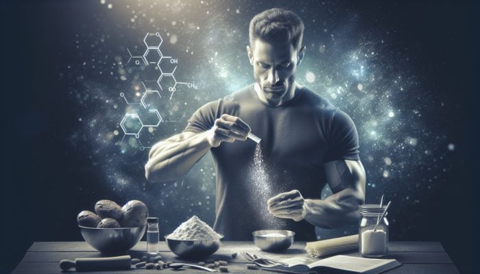 A master athlete measures creatine for a carbohydrate-rich meal, enhancing muscle absorption.