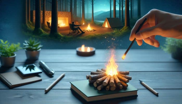 Eco-friendly fire starters igniting a campfire and fireplace in a serene forest at dusk.