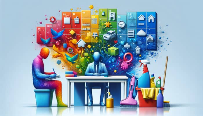 A person organizing cleaning schedule on a colorful calendar, with cleaning supplies and a clean home.