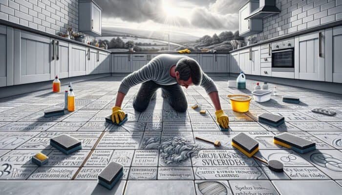 Person achieving a sparkling clean result while cleaning grout haze from kitchen tiles in West Dunbartonshire.