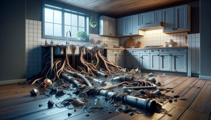 A kitchen sink in a Coquitlam home clogged with grease and debris, with tree roots intruding into the drain pipes.