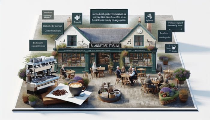 A busy café in Blandford Forum with signs for best coffee and community event posters.