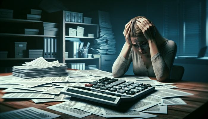 How to Optimise Debt Consolidation for Long-Term Wealth | DCL A stressed person at a desk with financial documents, highlighting a long-term loan agreement and increased interest costs.