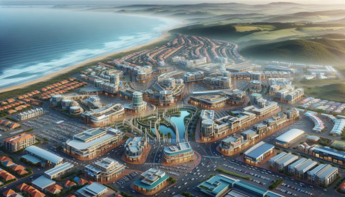 Aerial view of Ballito's coastline showcasing modern infrastructure and vibrant community life.