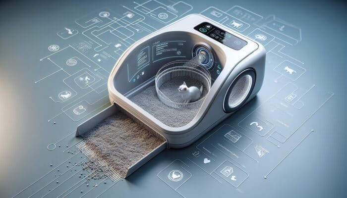 Automated litter robot with sensors, rotating rake, and waste disposal compartment.