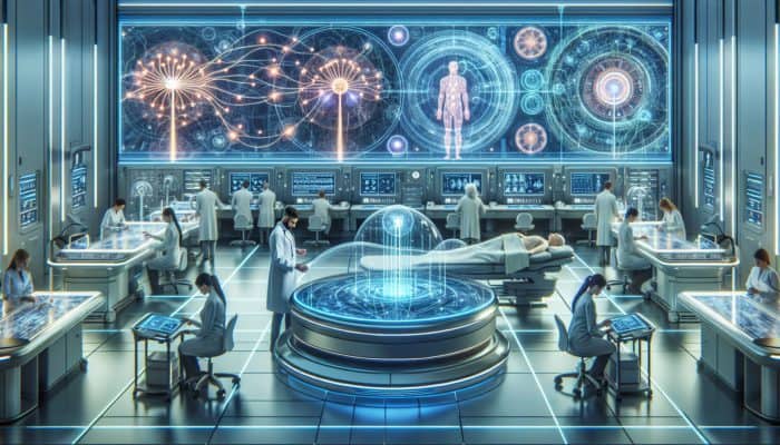 Advanced electroacupuncture devices in a modern medical environment with experts and relaxed patients.