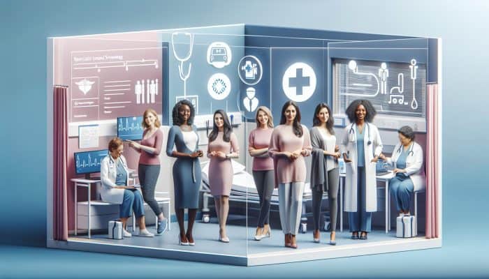 Diverse UK women accessing healthcare through NHS GPs and private clinics, depicted alongside symbols representing medical services.