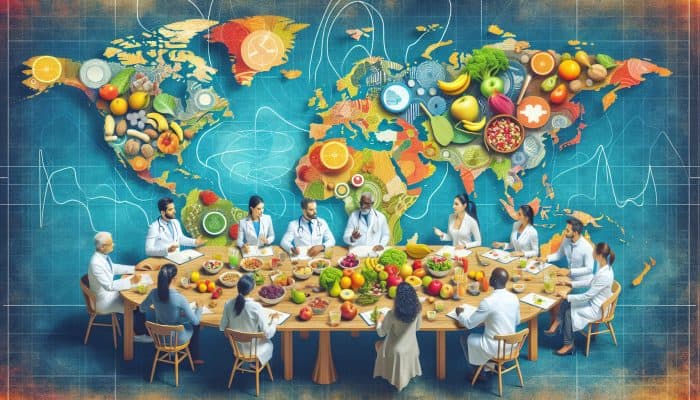 A diverse group of experts sharing healthy eating tips around a world map, with fruits, nuts, and salads displayed.