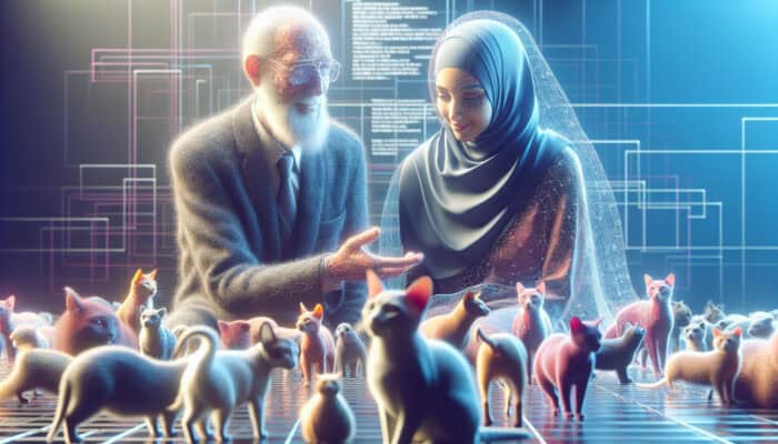 A wise mentor lovingly guiding a new pet owner with patience and clear communication amidst various pets.