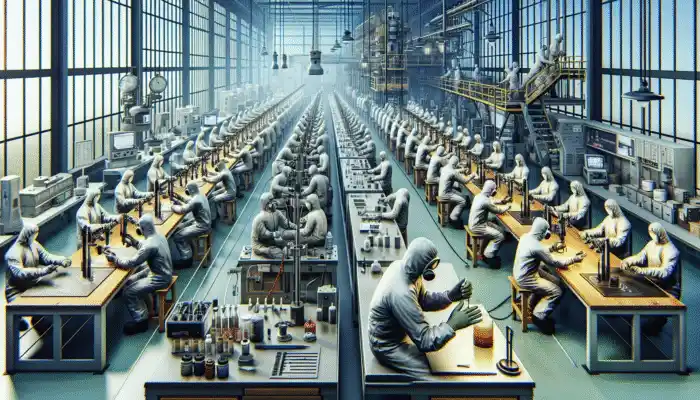 Workers in Goole lab testing safety gloves with advanced equipment for quality and durability.