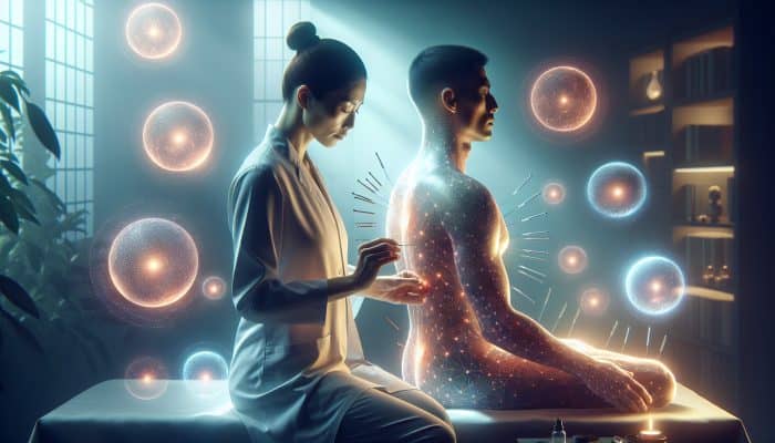 A peaceful acupuncture session with glowing orbs symbolising increased energy and professional guidance.