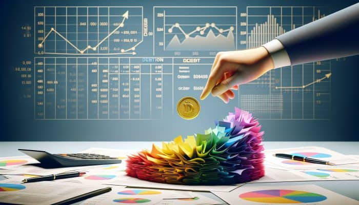 How to Flip Debt Consolidation into Savings: UK Guide | DCL A person converting colorful debt papers into a gold savings coin on a desk with financial graphs.