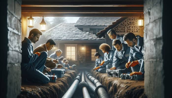 A professional team inspecting a damp crawl space in Mission to enhance drainage efficiency.