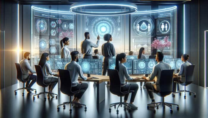 Diverse team of human virtual analysts in tech office, analyzing data showing decreased churn and increased satisfaction.