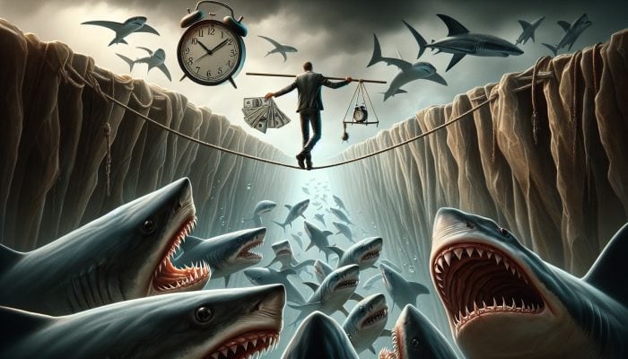 A person on a tightrope over sharks, juggling bills and a clock, depicting debt consolidation risks.