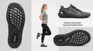 A woman stands in profile wearing black leggings, a gray t-shirt, and black Xero Shoes. Close-ups highlight the shoe's tread, side view, and top view. Text on the image reads: "Anatomy Shoes Relief—Ligatomg-Friendly Details for Improved Posture.